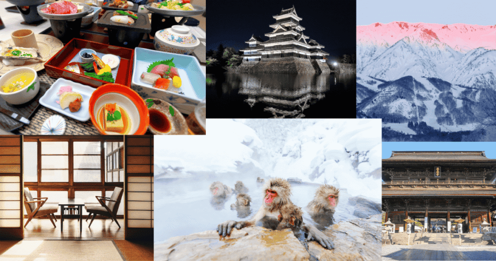 Collage of Japanese winter highlights including snow monkeys, castles, and local culture