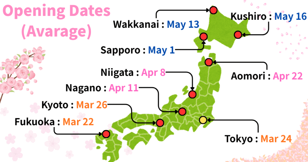 Map of Japan showing average cherry blossom opening dates for major cities.