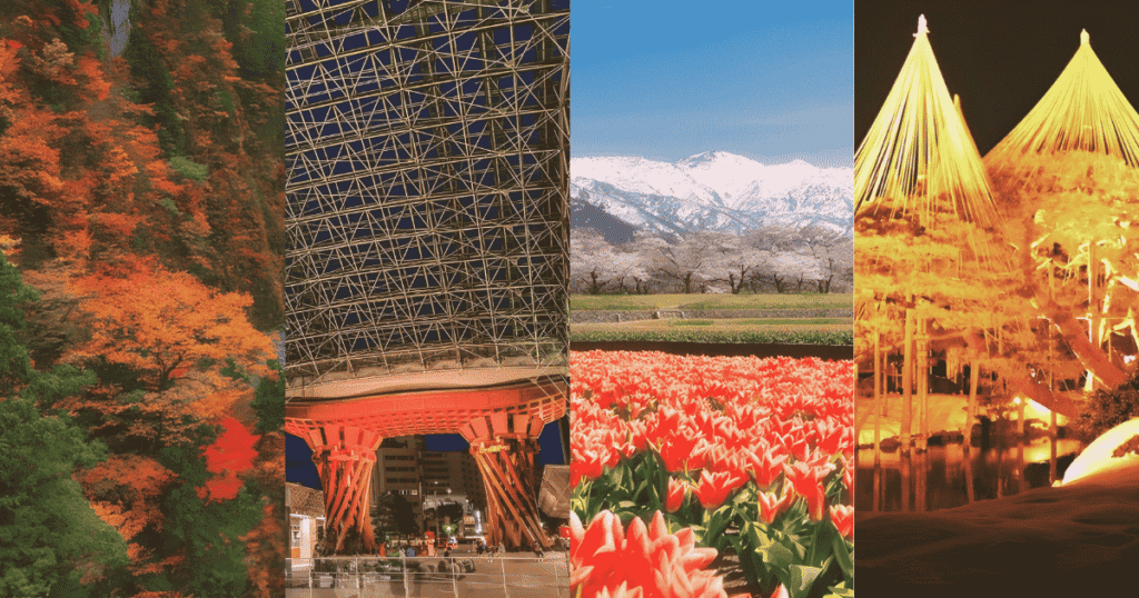 A four-panel photo collage featuring top Hokuriku sightseeing spots: Kurobe Gorge, Kenrokuen Garden, Asahi Town, and Kanazawa Station.