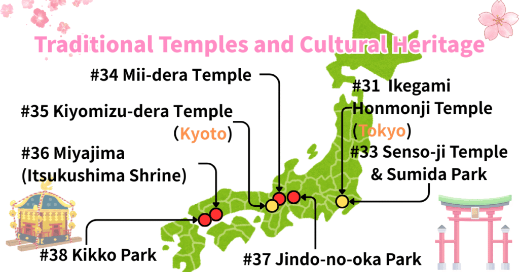 Map of traditional Japanese temples and cultural heritage sites for cherry blossom viewing, featuring Kiyomizu-dera Temple, Senso-ji Temple, and Miyajima (Itsukushima Shrine).