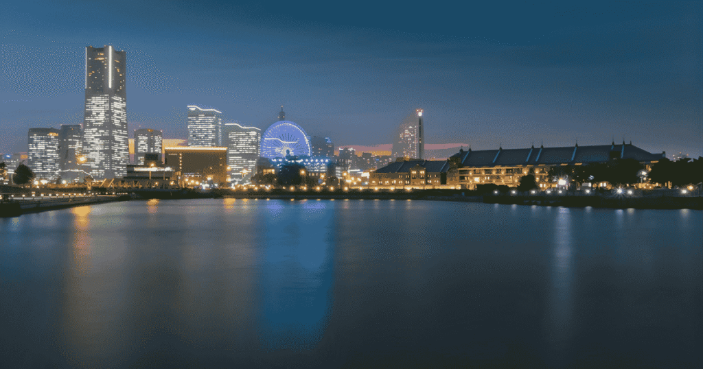 Stunning night views of Yokohama Port from Osanbashi Pier.