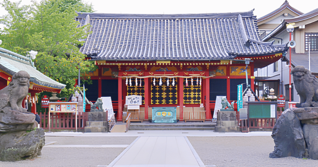 Asakusa Shrine standing on the right side behind the main hall when facing Sensoji Temple.