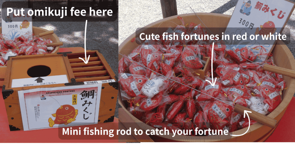 Cute fish fortunes with a mini fishing rod at Asakusa Shrine.