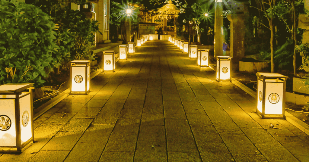 Summer nights in Enoshima, glowing with hundreds of traditional lanterns across the island.