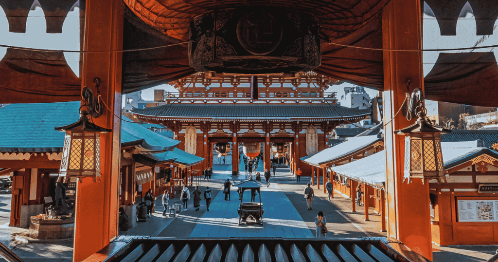 View of the Sensoji Temple grounds from the Main Hall, looking towards the gates.