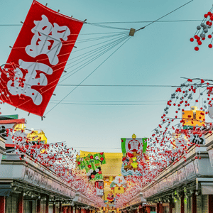 Festive Sensoji Temple grounds decorated for the New Year.