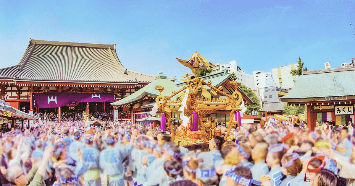 Crowds at Sensoji Temple during the Sanja Matsuri, Tokyo's busiest festival.