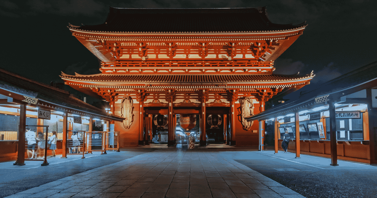 Sensoji Temple night light-up, open until 11 PM in Asakusa, Tokyo.