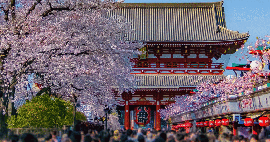 Busy Nakamise-dori Street at Sensoji Temple during cherry blossom season.