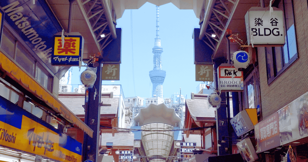 Tokyo Skytree viewed from Shin-Nakamise Shopping Street