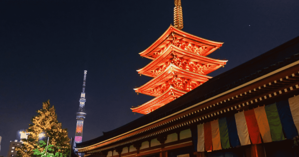 Senso-ji Pagoda and Tokyo Skytree at night.