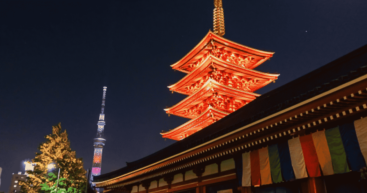 Senso-ji Pagoda and Tokyo Skytree at night.