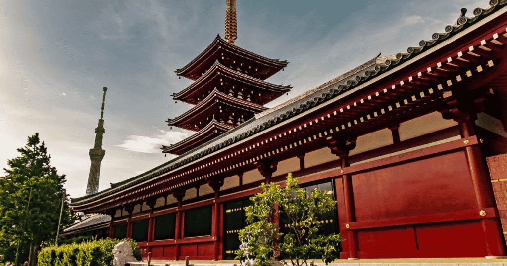 Five-Story Pagoda with Tokyo Skytree visible from Sensoji grounds.