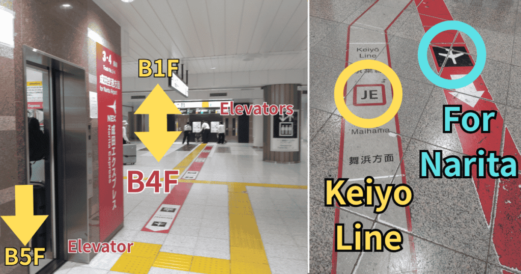 (Right) Floor sign at Tokyo Station guiding to Keiyo and Sobu Lines. (Left) Elevator for Sobu Line platforms at Basement Level 4 (B4F).