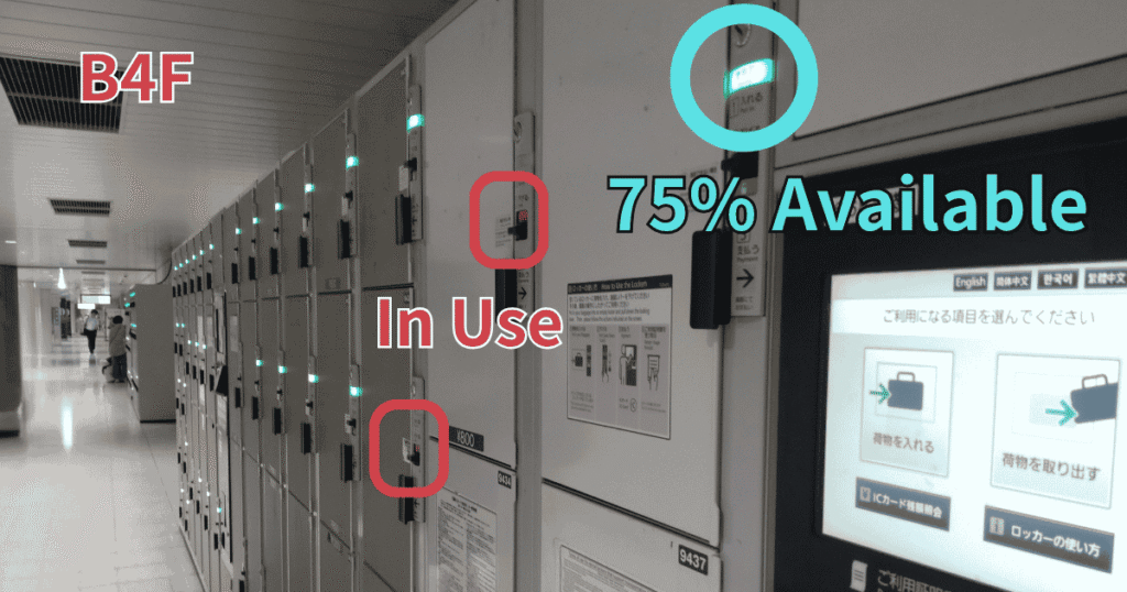 Coin lockers on Basement Level 4 (B4F) with mostly green "Available" indicators, showing high availability.