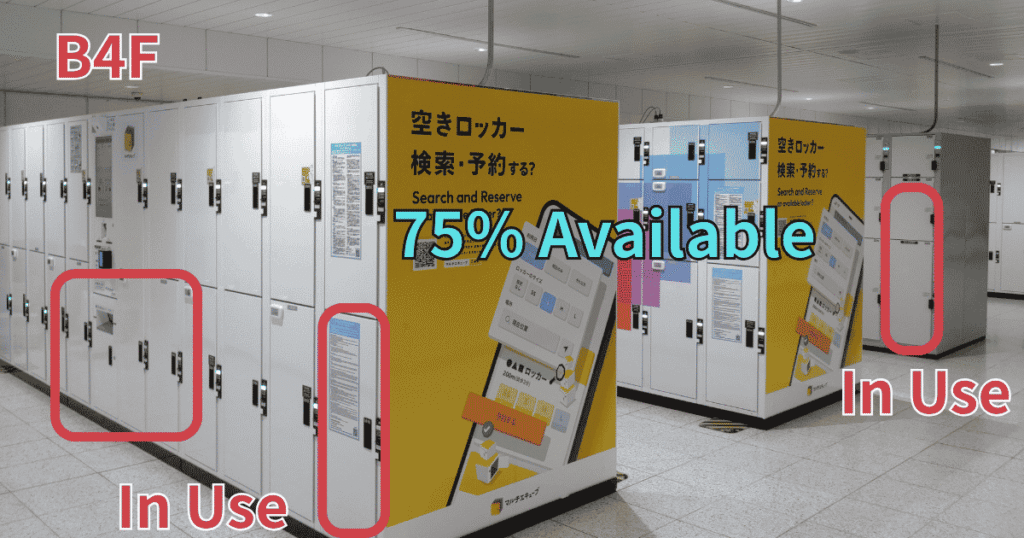 Wide rows of open coin lockers in a quiet concourse on Basement Level 4 (B4F) near the Sobu Line.