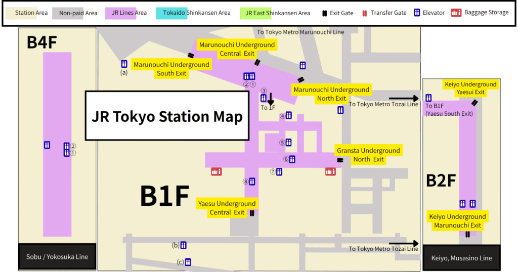 Map of Tokyo Station's Basement Level 1 (B1) showing key shops, bento stands, souvenir stores, and concourses.