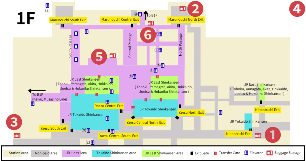 Map of Tokyo Station's 1st floor showing the locations of manned luggage storage counters.