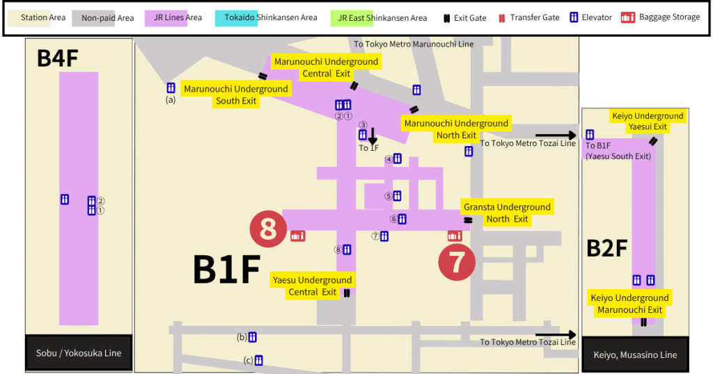 Map of Tokyo Station's Basement Level 1 (B1) showing manned luggage storage counters along the underground concourses.