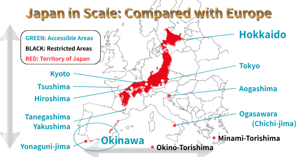 Map comparing the size of Japan to Europe, showing Japan stretching from Scandinavia to the Mediterranean.