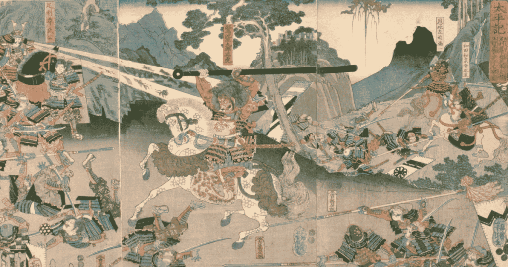 Classic Japanese woodblock print depicting armored samurai fighting on horseback during the feudal era.