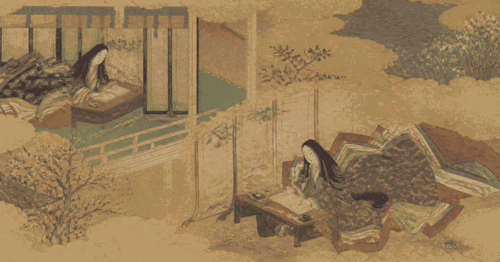 AI-generated illustration in classic picture scroll style depicting Heian period noblewomen writing literature in hiragana.