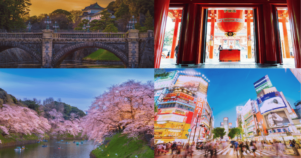 Collage showing iconic sights of Japan including the Imperial Palace bridge, red shrine gates, cherry blossoms by a castle moat, and a bustling neon street.