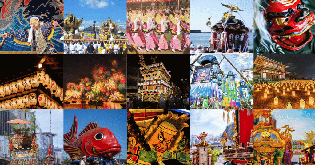 Vibrant Japanese festival scenes featuring illuminated lantern floats, traditional dancers, and a portable shrine procession.